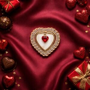 Gold Tone Heart Shaped Brooch With Red Center Stone